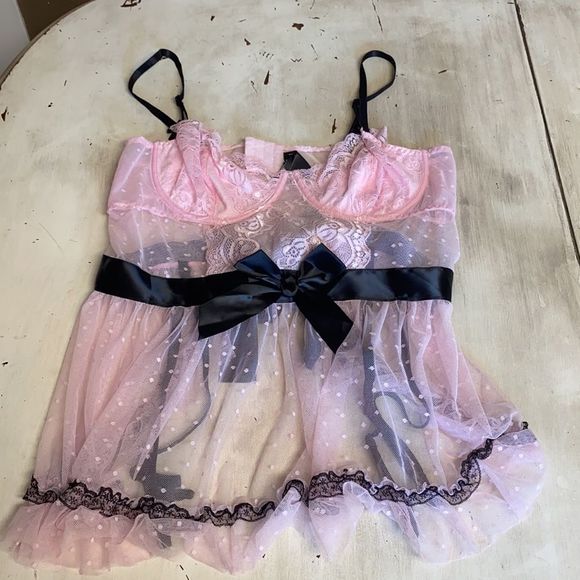 Plus Size Sexy Lingerie Lace Babydoll Nightgown with Underwire 2XL Bow Swiss Dot - Picture 7 of 12